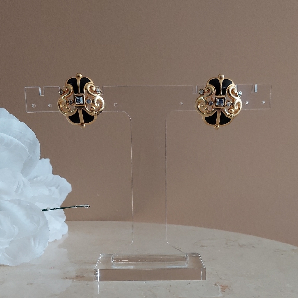 Vintage Classical Statement Black and Gold Clip-On Earrings with Rhinestones